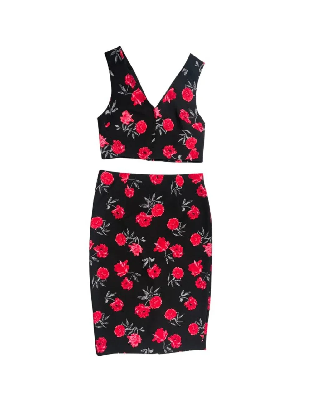 Dynamite Black Red Floral Crop Top & Pencil Skirt Matching Set Medium